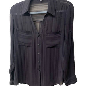 Express Portifino Blouse Sheer Gray on Gray Pinstripe Long Sleeve Large